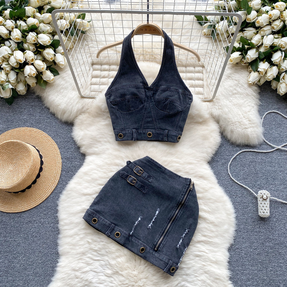 Dopamine cool spicy denim suit women's summer retrosense of design halter camisole + high waist hip cover skirt