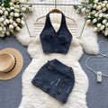Dopamine cool spicy denim suit women's summer retrosense of design halter camisole + high waist hip cover skirt