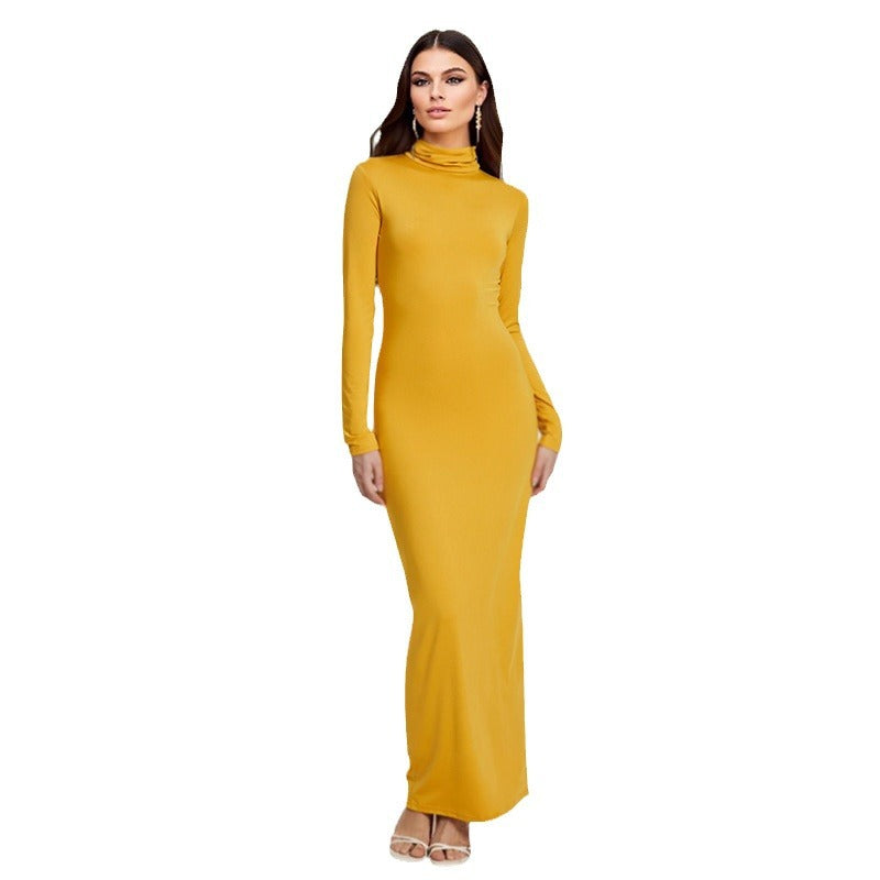 Europe and the United States  2025 winter independent station new women's fashion solid color slim-fitting turtleneck long-sleeved primer dress