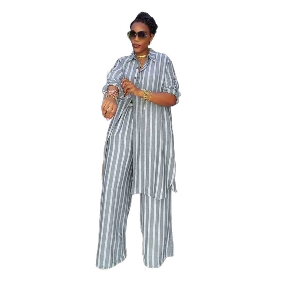 European and american cross-border women's fashion:  summer new arrival - stylish and elegant long striped shirt top and wide-leg pants set