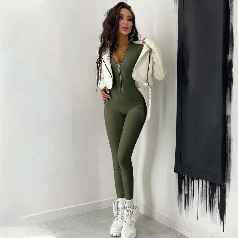 European and american style casual zip-up stand collar jumpsuit solid color high-stretch slim fit long sleeve one-piece export bodysuit women's trendy