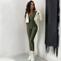 European and american style casual zip-up stand collar jumpsuit solid color high-stretch slim fit long sleeve one-piece export bodysuit women's trendy