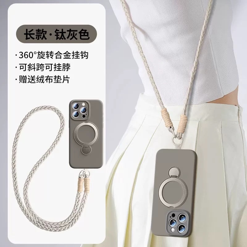 Rotating magnetic lanyard stand compatible with apple iphone 17 pure color liquid silicone case, iphone 15 pro max full coverage