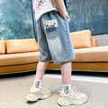 Boys' denim shorts, summer lightweight style, for older boys and teens. trendy, street-style, cool and edgy summer shorts for kids, loose fit