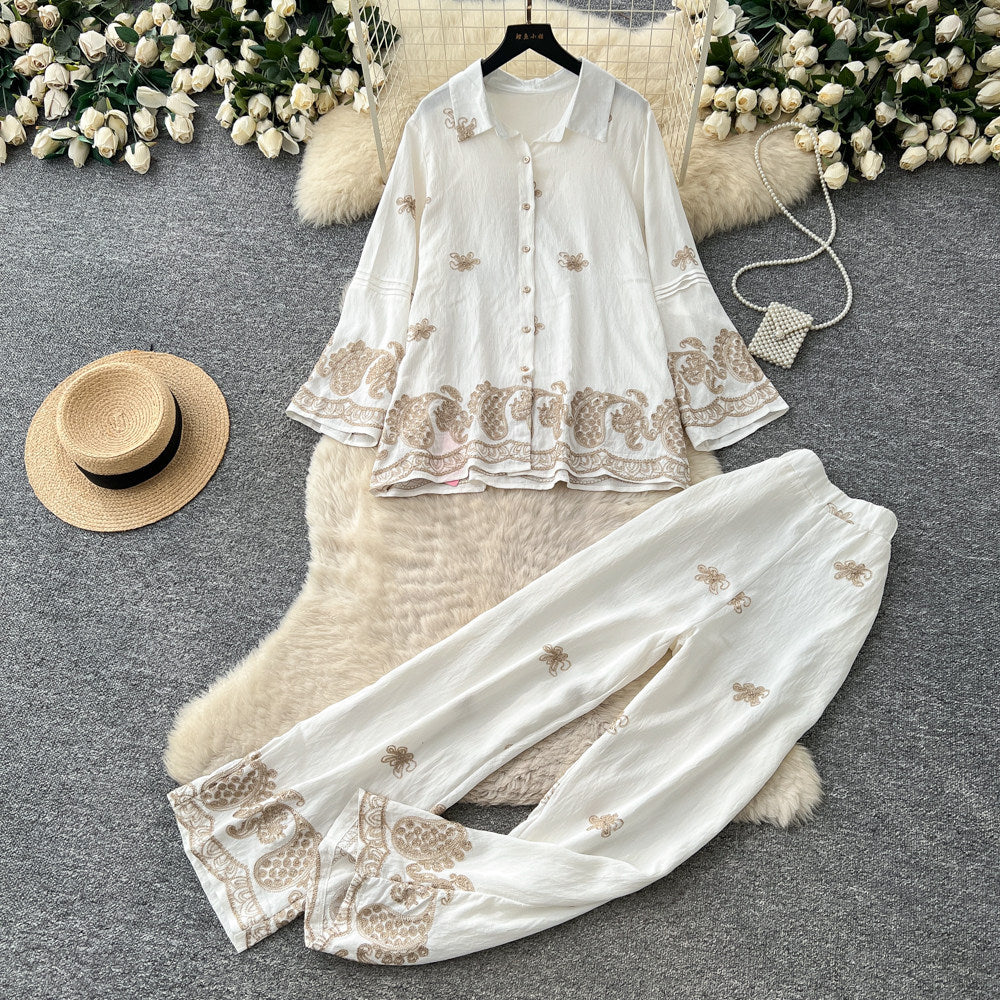 Vintage court style embroidered print elegant two-piece set - women's autumn polo collar slim fit wide leg pants - executive lady outfit