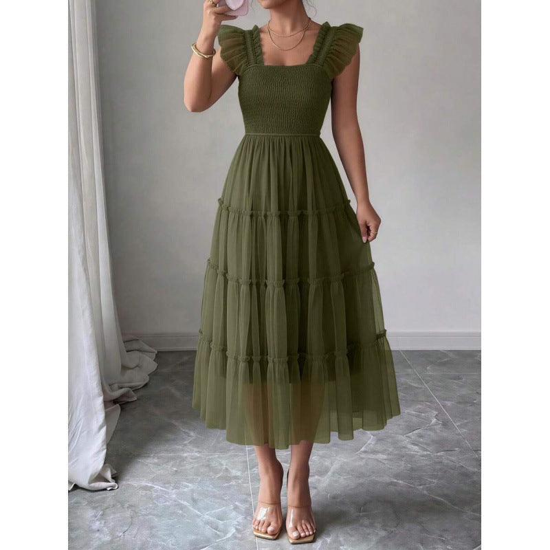 fashion  summer new arrival flying sleeve ruched ruffles vacation elegant mesh dress