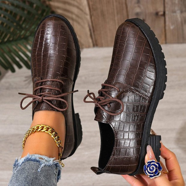 Foreign trade large size versatile single shoes thick heel thick sole lace-up small leather shoes women's British style loafers