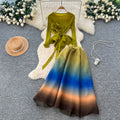 European and american style high-end long-sleeved top with 3d floral ribbon detail + gradient elastic waist midi skirt set for women - winter collection