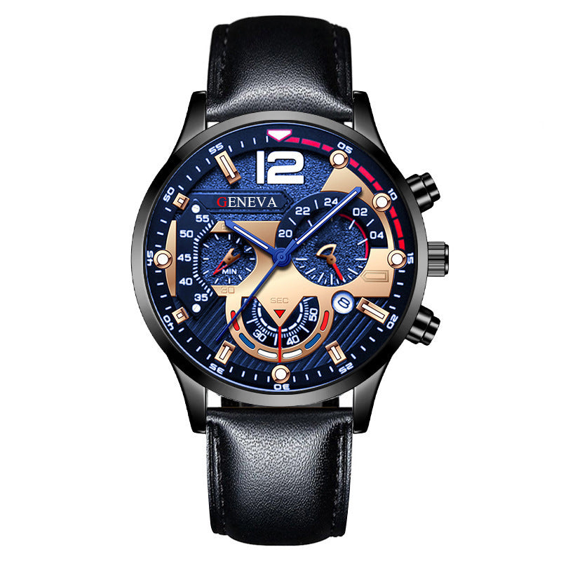 Men's cross-border fashion watch - date, six-hand, leather strap, quartz movement, luminous sports wristwatch - wholesale gold