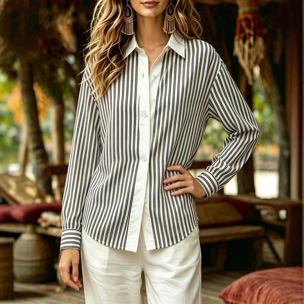 classic vertical striped shirt - white panel placket, turn-down collar, relaxed fit, drop shoulder, versatile long sleeve casual top