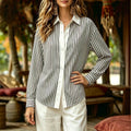 classic vertical striped shirt - white panel placket, turn-down collar, relaxed fit, drop shoulder, versatile long sleeve casual top