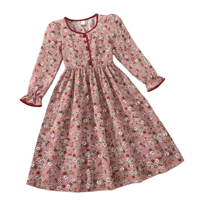 big kids' girls' clothing  foreign trade spring/autumn new french style vacation floral print cinched waist long sleeve dress