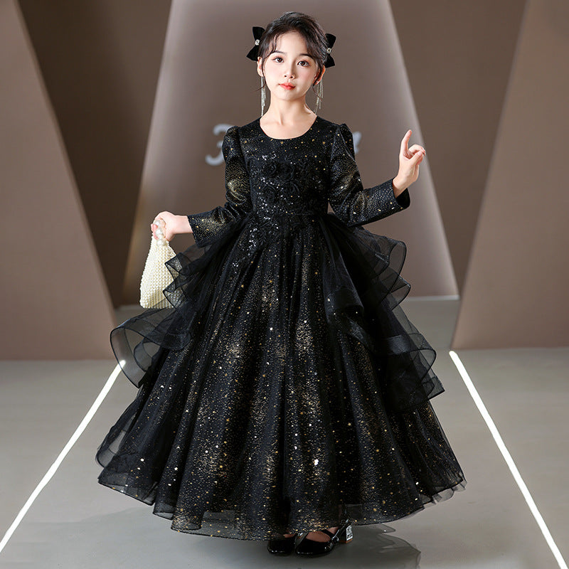 Ready-to-ship cross-border girls' evening gown, black flower girl dress, piano recital dress, little girl's hostess dress, performance princess dress
