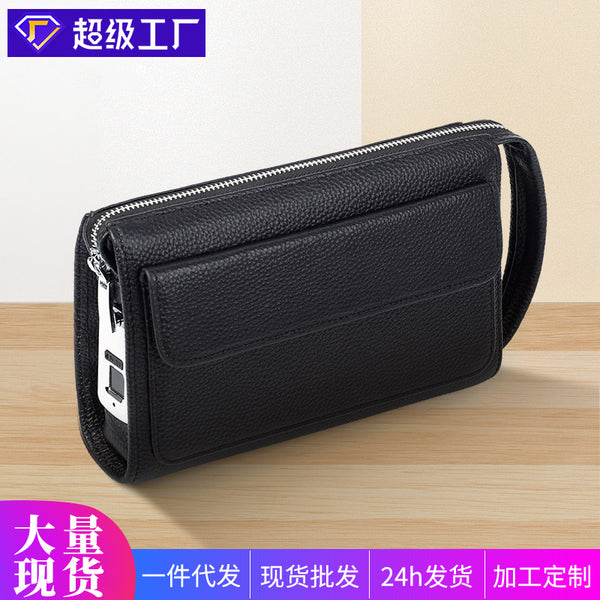 Leather fingerprint lock men's bag fashion casual clutch bag trend business portable anti-theft cowhide men's clutch bag
