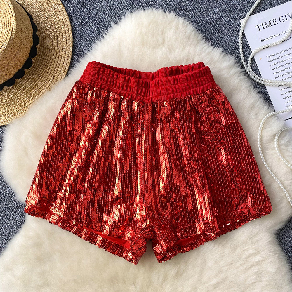 Heavy sequin sparklingshorts women's elastic waist easiest for matchslimming looka-line loose pants summernew arrival crotch casual pants