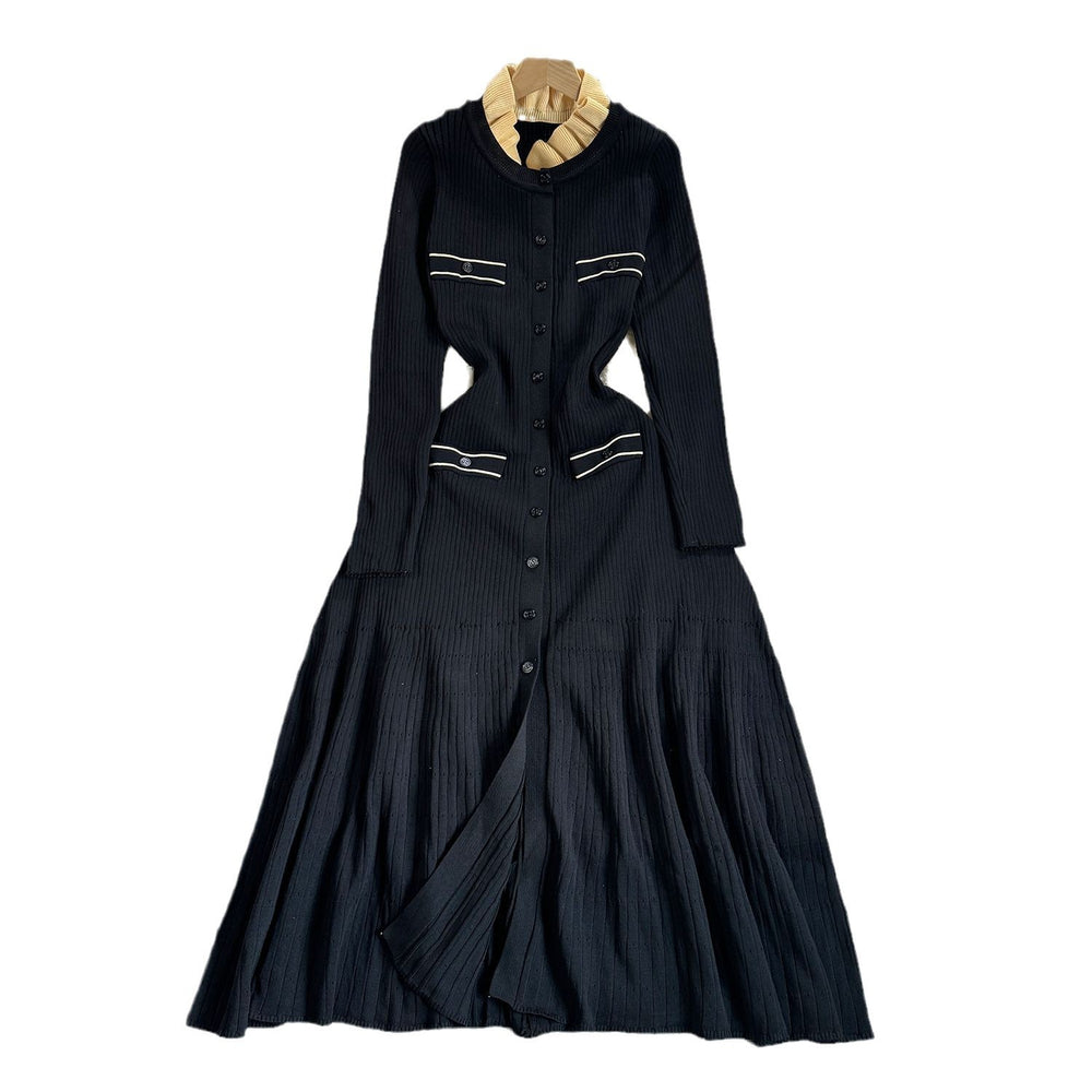 Exportfall and winterfrenchelegancecontrast colorlace collarlong sleeveselegant silmslimming lookblacklongknittingdress