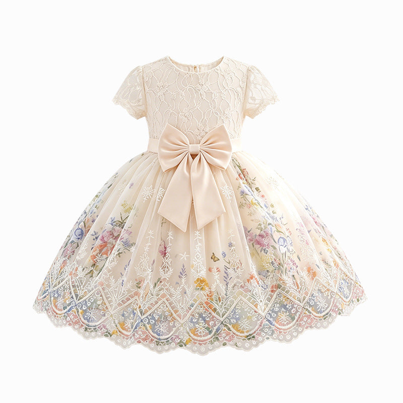 Girls' dress - vacation style, in stock,  new arrival: chic, sweet, french-inspired floral print lace patchwork princess dress