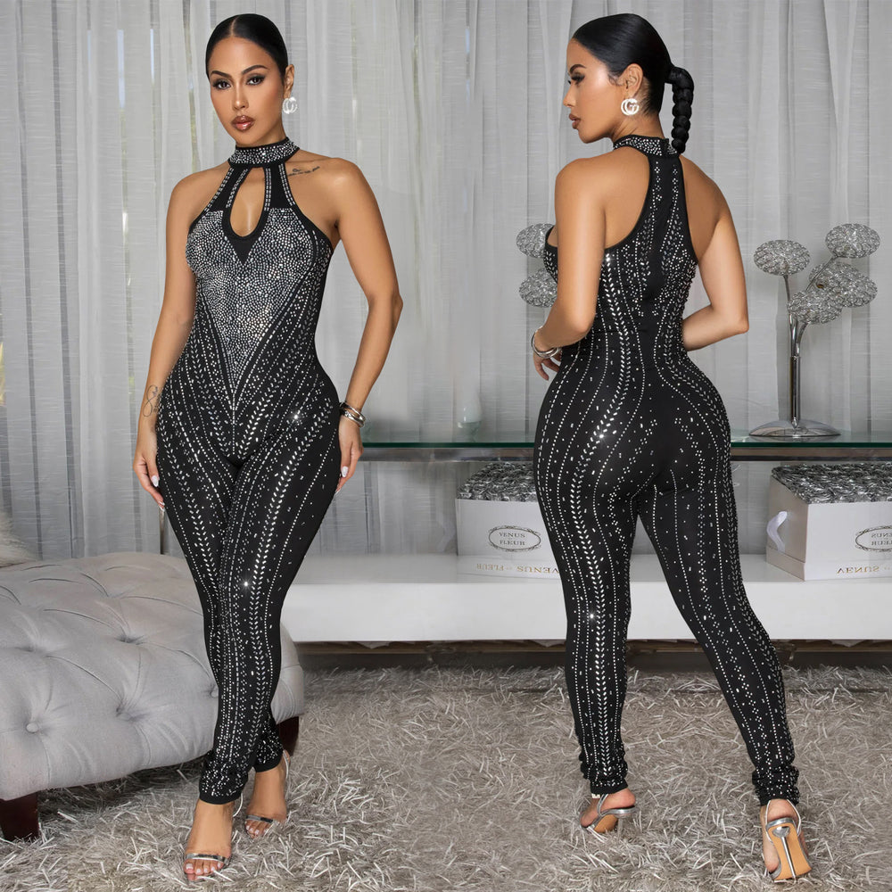 C7542 cross-border   fashion women's elegancepure color hot diamond classy silm jumpsuit