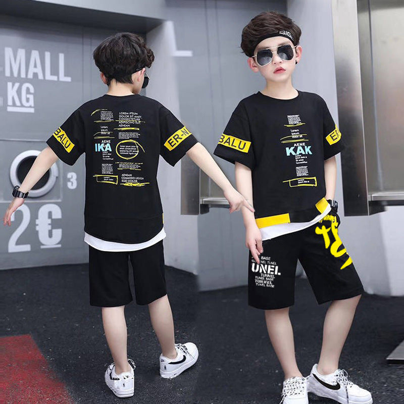 Boys' clothing set:  new kids' boys' sports short-sleeve two-piece outfit - trendy letter print for mid-to-large children