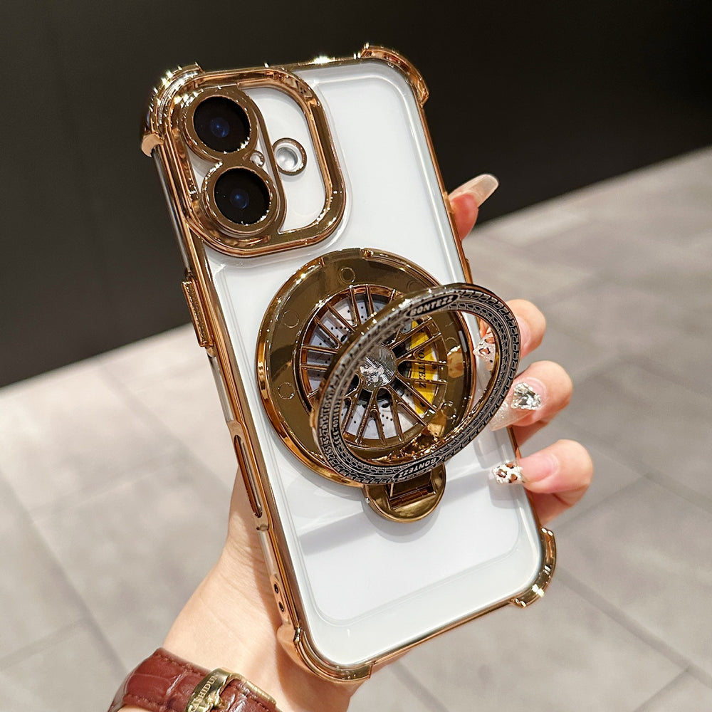 Acrylic four-corner anti-drop phone case for iphone 16, creative gyro rotating stand, compatible with apple 17 pro max