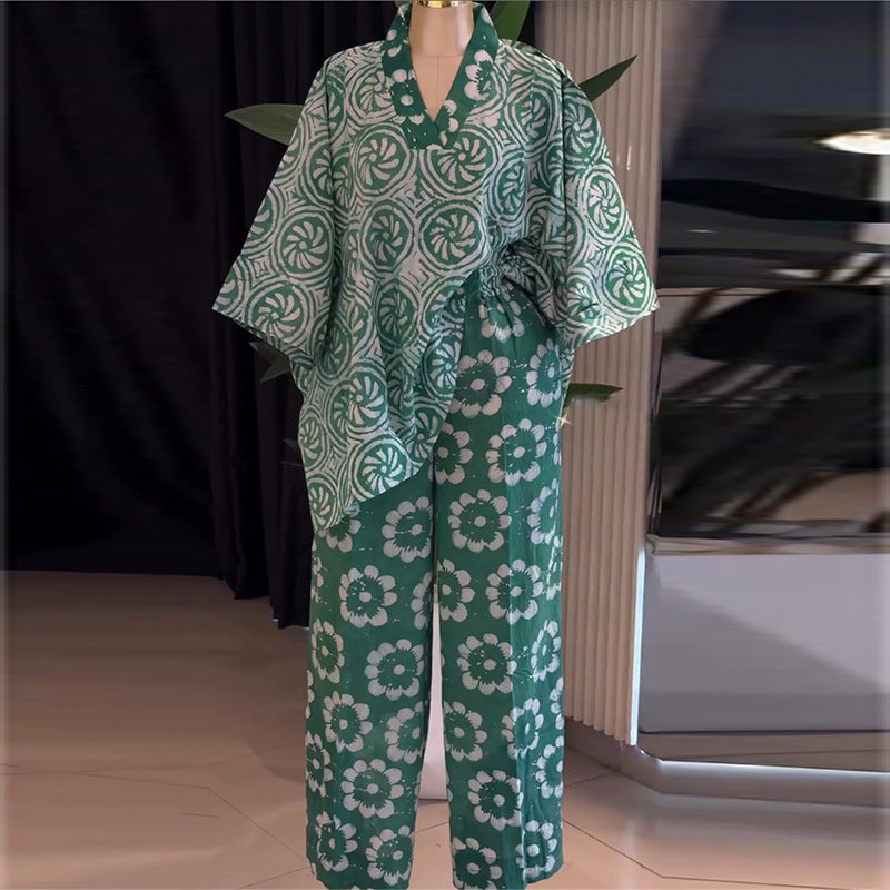 European and american women's clothing  summer new sweet and fresh printed v-neck batwing sleeve high-waisted straight-leg pants two-piece set