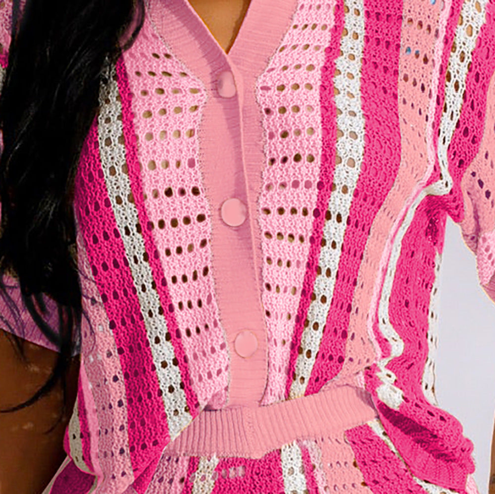 <vip客户>European and american style sexy women's cutout see-through color block turn-down collar knit shorts set</vip客户>