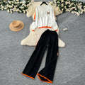 Trendy letter embroidered knit top long sleeve sweater high waist wide leg pants casual sporty two-piece set for women