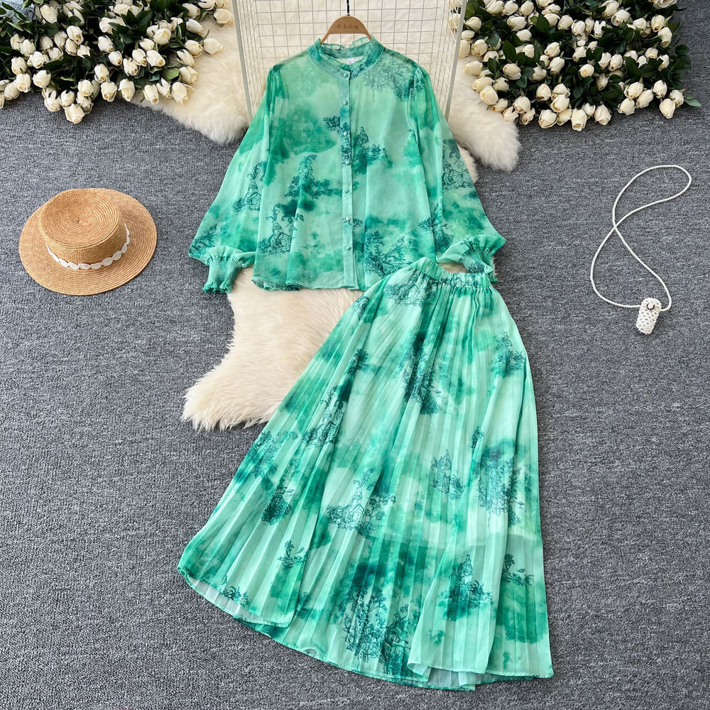 Gentle wind two-piece set women's frenchclassy sense bowstie back lantern sleeve printingshirt drape skirt