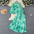 Gentle wind two-piece set women's frenchclassy sense bowstie back lantern sleeve printingshirt drape skirt