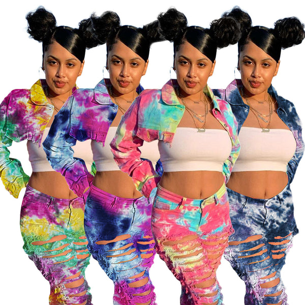 S3876 top,  European and American popular denim jacket women's clothing, tie-dye printing short hollow denim jacket