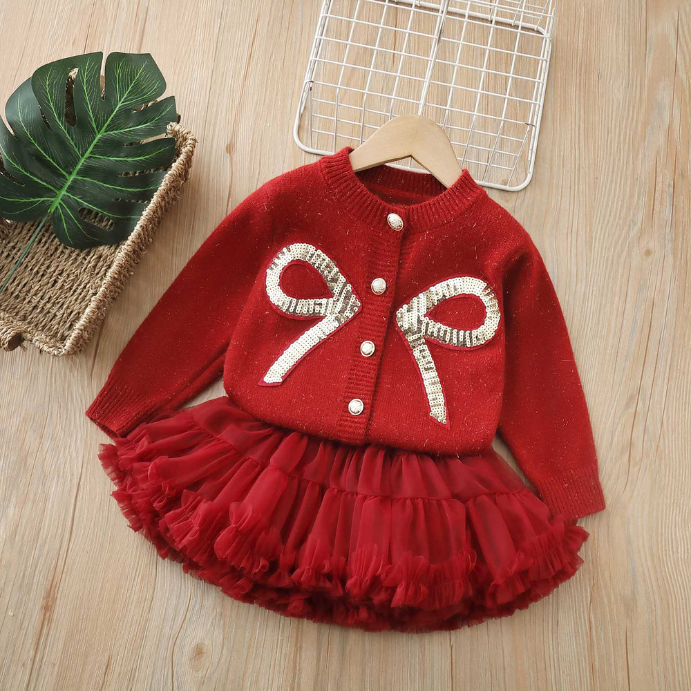 fall/winter new girls' sweater and tutu skirt set - handmade floral knit puffy skirt outfit for little girls