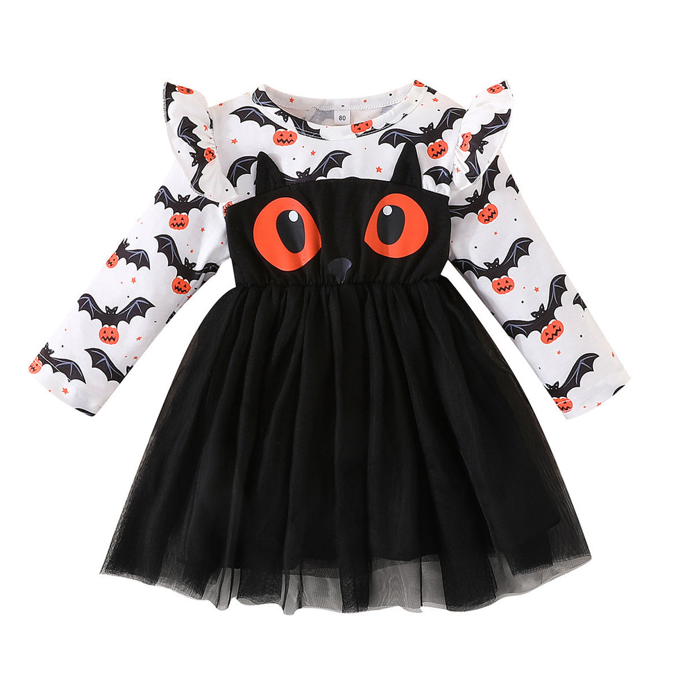 European and american girls' halloween long-sleeve eye print dress - fashionable minimalist patchwork mesh princess dress - in stock