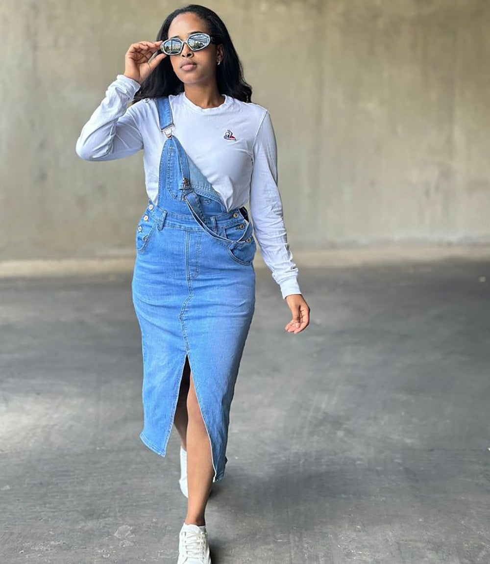 European and american style straight-leg overalls dress -  cross-border women's fashion streetwear - large pocket slit denim skirt