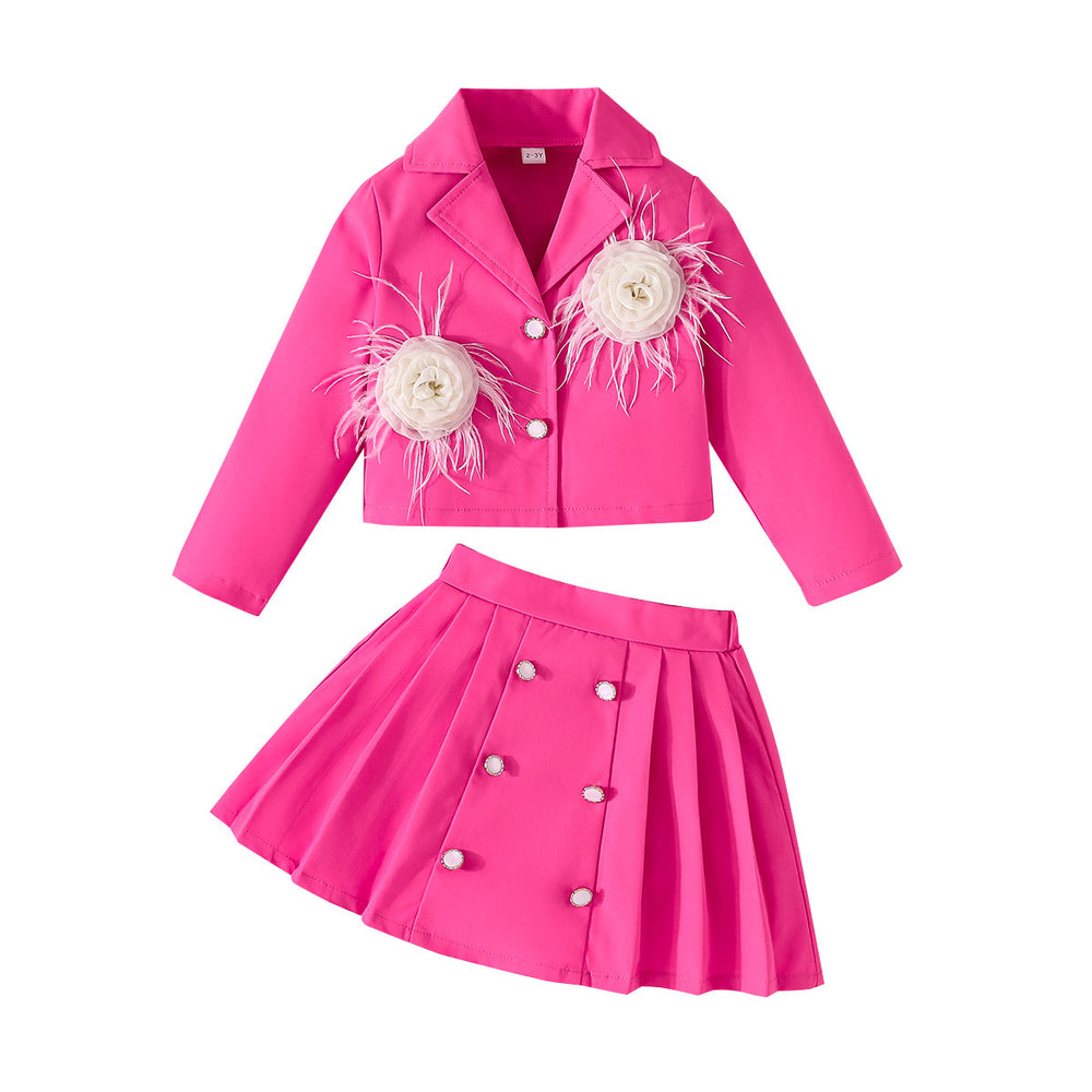 girls' solid color preppy style outfit: new autumn 3d floral blazer + pleated skirt set