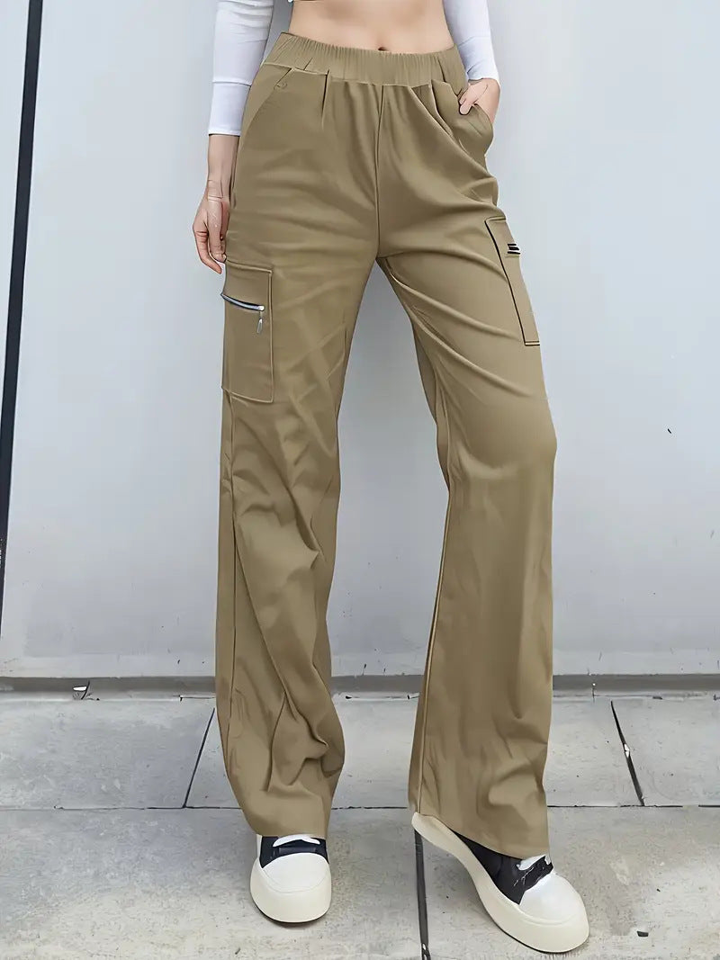 Ready-to-ship  spring/summer new arrival: trendy high-waisted cargo pants with zipper pockets, street style straight-leg casual trousers