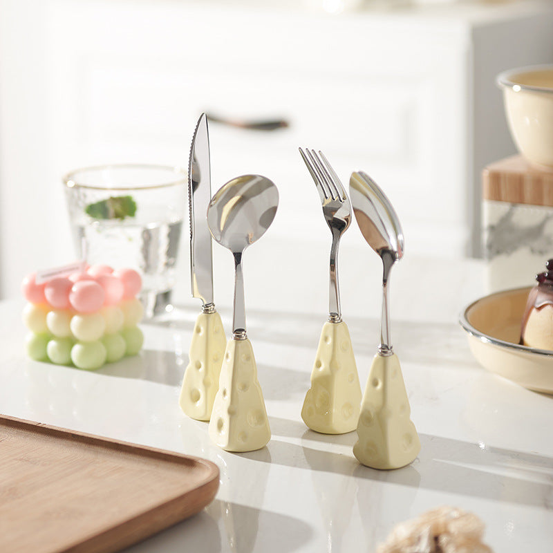 New arrivalins style cheese knife, fork and spoon oven mitts ceramic handle stainless steel fork and spoon kids creative steak knife wholesale