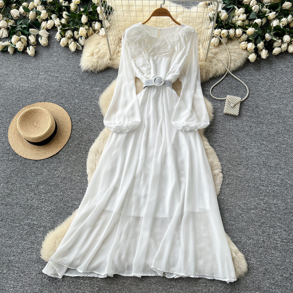 Vintage chic lantern sleeve v-neck lace patchwork dress - women's summer korean style slimming a-line maxi dress