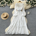 Vintage chic lantern sleeve v-neck lace patchwork dress - women's summer korean style slimming a-line maxi dress