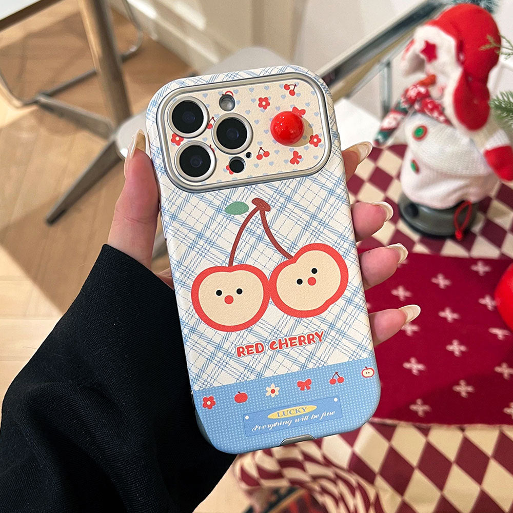 Two red cherries are suitable for lambskin large window iphone16 protective case 15 apple 17pm anti-fall mobile phone case