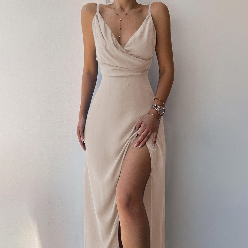 Amazon fashion  summer new sexy v-neck camisole slit fashionable slim-fit dress - women's foreign trade apparel