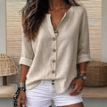 Exclusively for us & european cross-border e-commerce:  autumn beige cotton linen shirt - relaxed fit, v-neck, roll-up sleeves, mid-length top