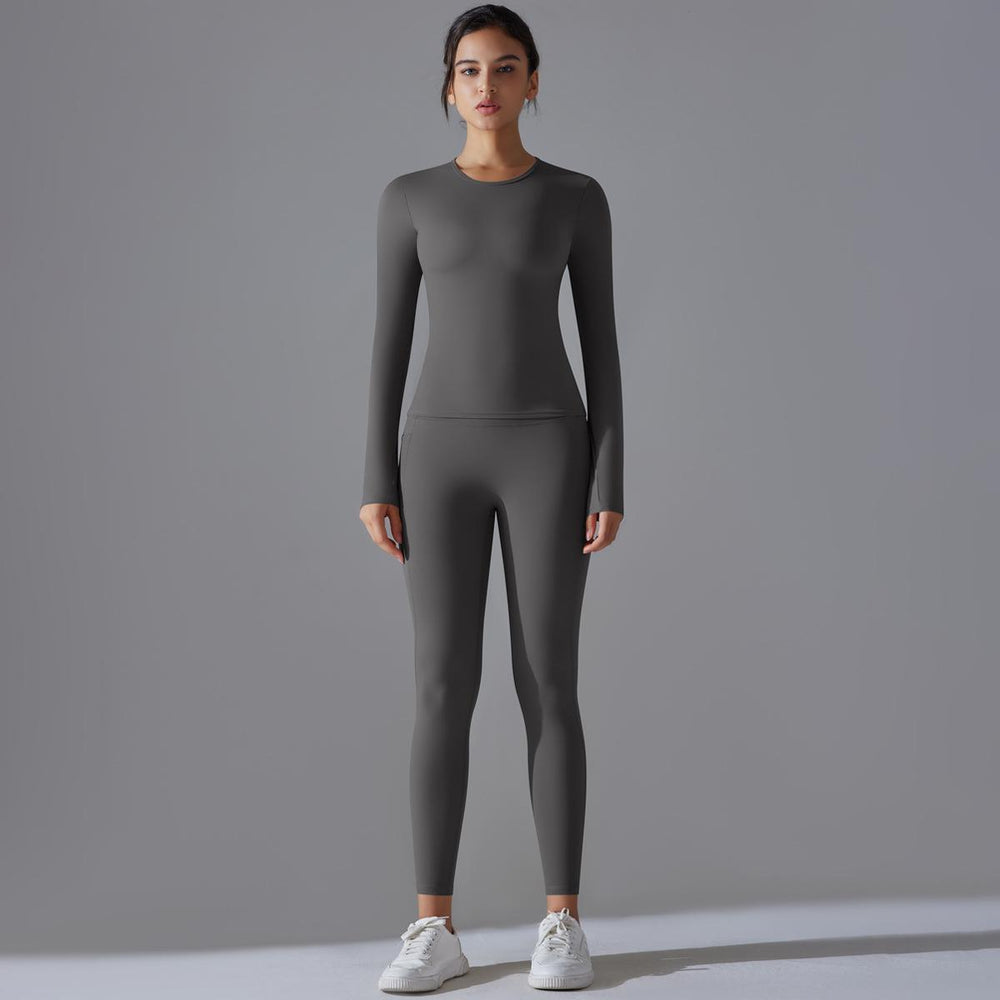 new arrival: brushed nylon long-sleeve yoga set - high-stretch, breathable, compression activewear two-piece for running and fitness