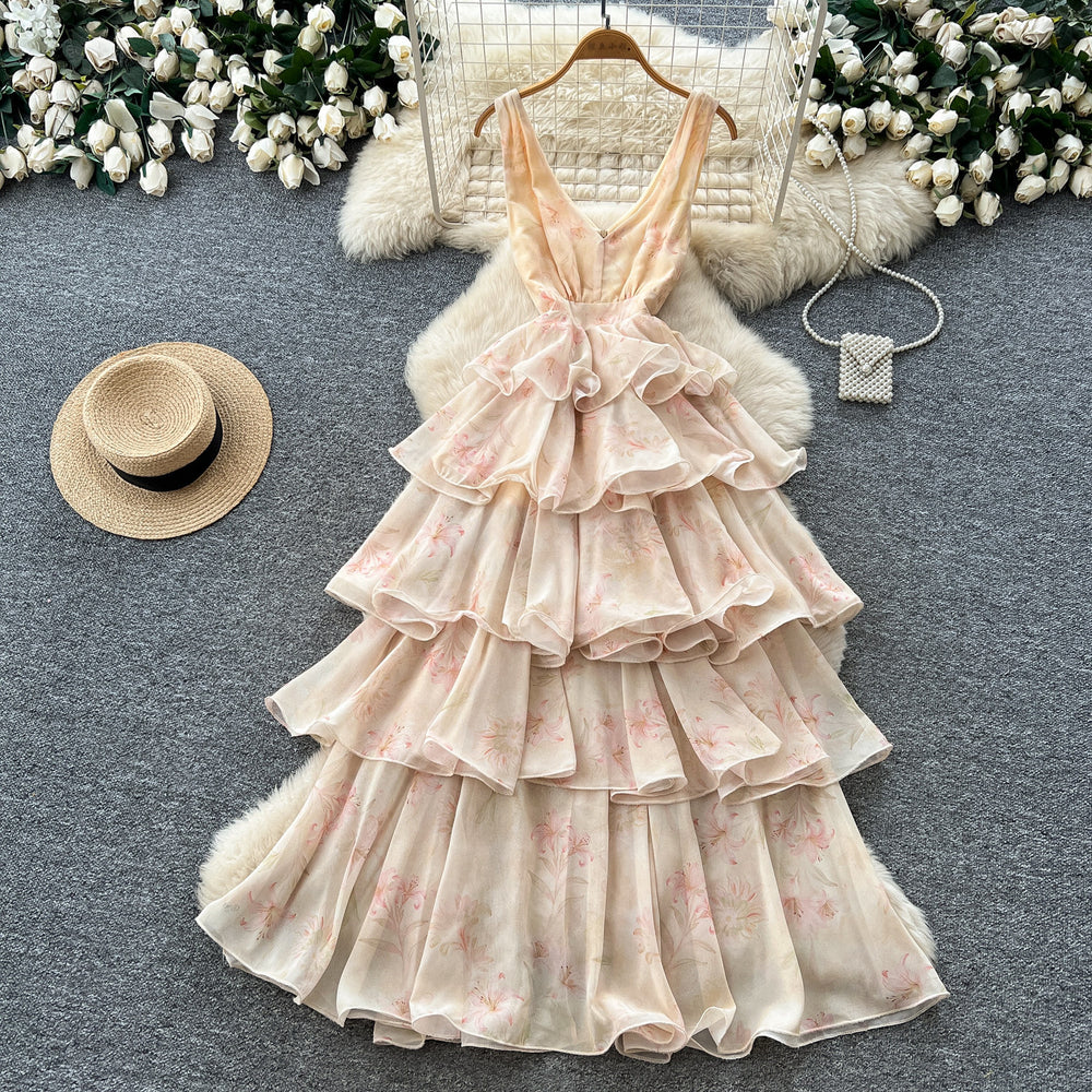 French riviera style sleeveless dress - women's  summer collection: slim fit, ruffle hem, tiered maxi dress