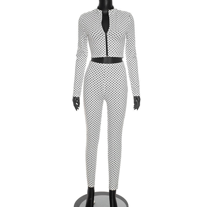 J26st314 cross-border european and american style women's long-sleeve zip-up cardigan top and skinny leggings two-piece set with polka dot print