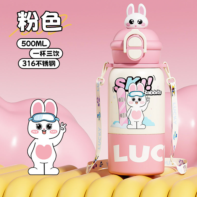 Double-drink kids' thermos with straw, 316 stainless steel, cartoon portable bounce lid, creative figurine student water bottle