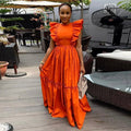 European and american cross-border women's fashion:  summer new arrival - elegant ruffle-trimmed short-sleeve round neck, waist-defining, long, flared dress