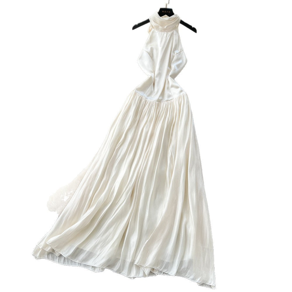 French halter velvet sleeveless dress women's white high waist a-line dress waist slimming lookelegant vacation style long dress