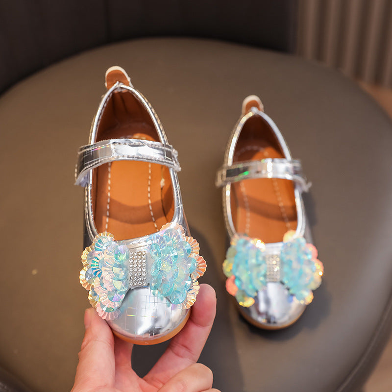 Girls'  spring new bowknot soft sole princess leather shoes for mid-to-large children - wholesale magic tape closure kids' shoes (direct from manufacturer)
