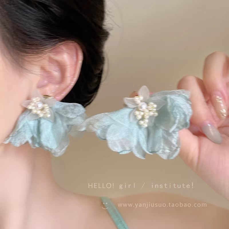 Spring floral chiffon mesh blue flower earrings - ethereal, sweet, and dopamine-boosting studs for women
