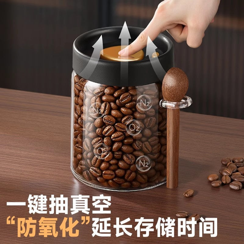 Coffee bean airtight canister with spoon, vacuum storage jar, glass tea canister, food storage container, household milk powder storage container